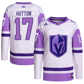 Men's Ben Hutton Vegas Golden Knights Adidas Hockey Fights Cancer Primegreen Jersey - Authentic White/Purple
