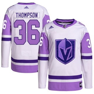 Men's Logan Thompson Vegas Golden Knights Adidas Hockey Fights Cancer Primegreen Jersey - Authentic White/Purple